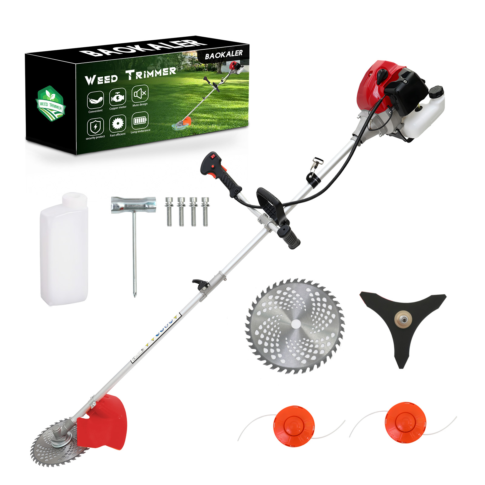 thumbnail video image 2 of BAOKALER 52CC Gasoline Grass String Trimmer, 2-Stroke Gas Powered Weed Eater, Weed Wacker with 4 Detachable Heads, 2 of 11