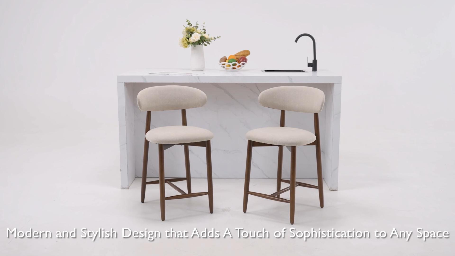 thumbnail video image 2 of MALOL Counter Height Bar Stool Set of 2, Mid Century Modern Upholstered Bar Stool with Curved Back and Wooden Frame, for Kitchen, Cafe, or Home,Light Grey, 2 of 9
