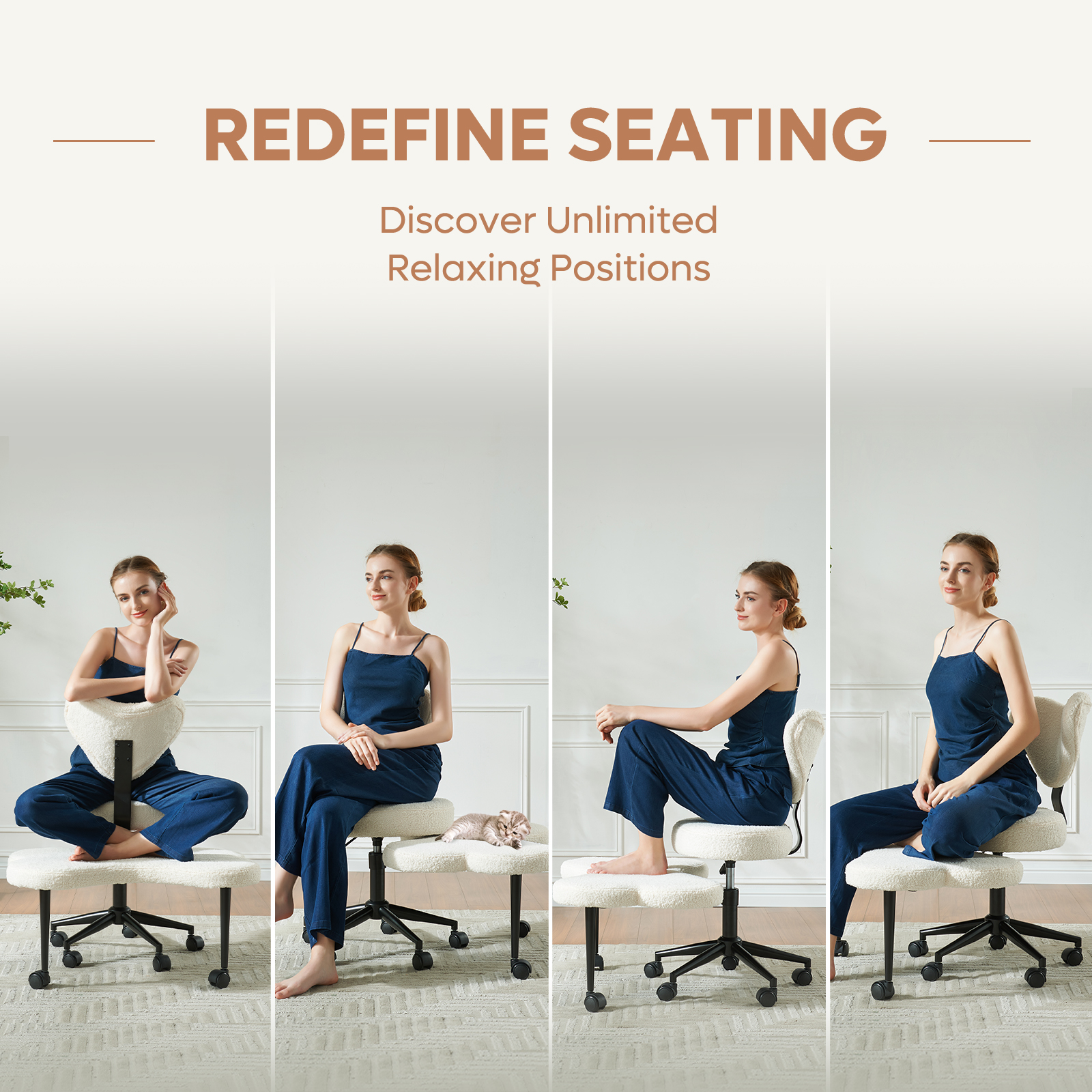 thumbnail video image 2 of Pinmoco Ergonomic Cross Legged Swivel Chair, Adjustable Height and Teddy Fabric, Meditation Chair with Back Support, Home and Office, Off White, 2 of 13