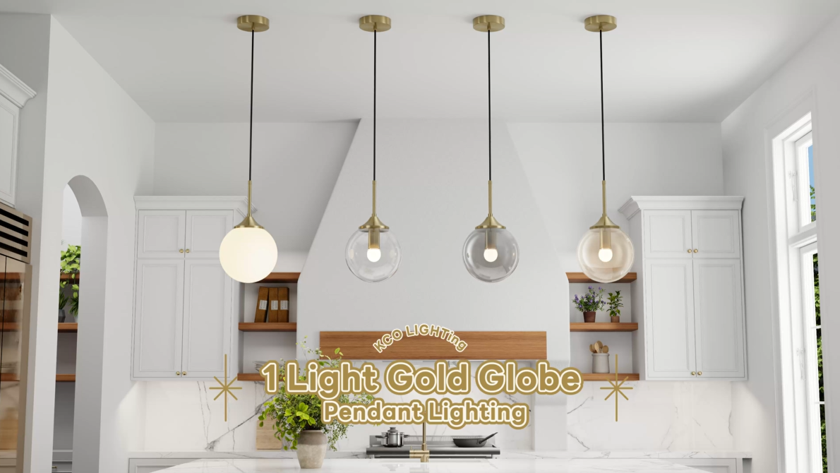 thumbnail video image 2 of KCO Lighting Modern Gold Globe Pendant Light Kitchen Island Mid Century Amber Glass Hanging Lamp, 2 of 8
