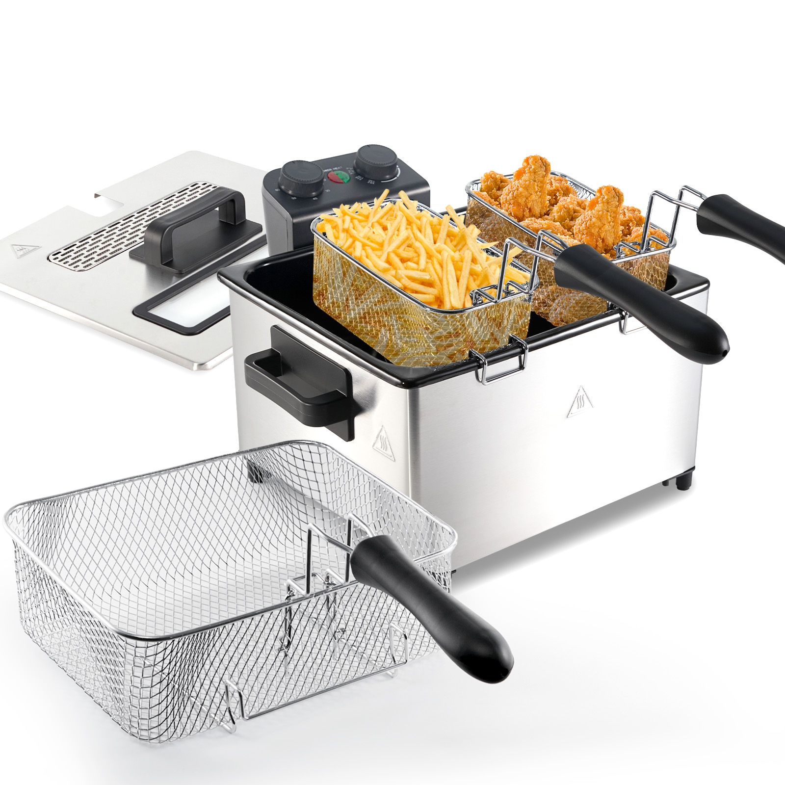 thumbnail video image 2 of Hawsaiy 5L 1700W Electric Deep Fryer, 3 Baskets, Timer & Temperature Control, Stainless Steel, Lid with View Window & Odor Filter, Dishwasher Safe, 2 of 11