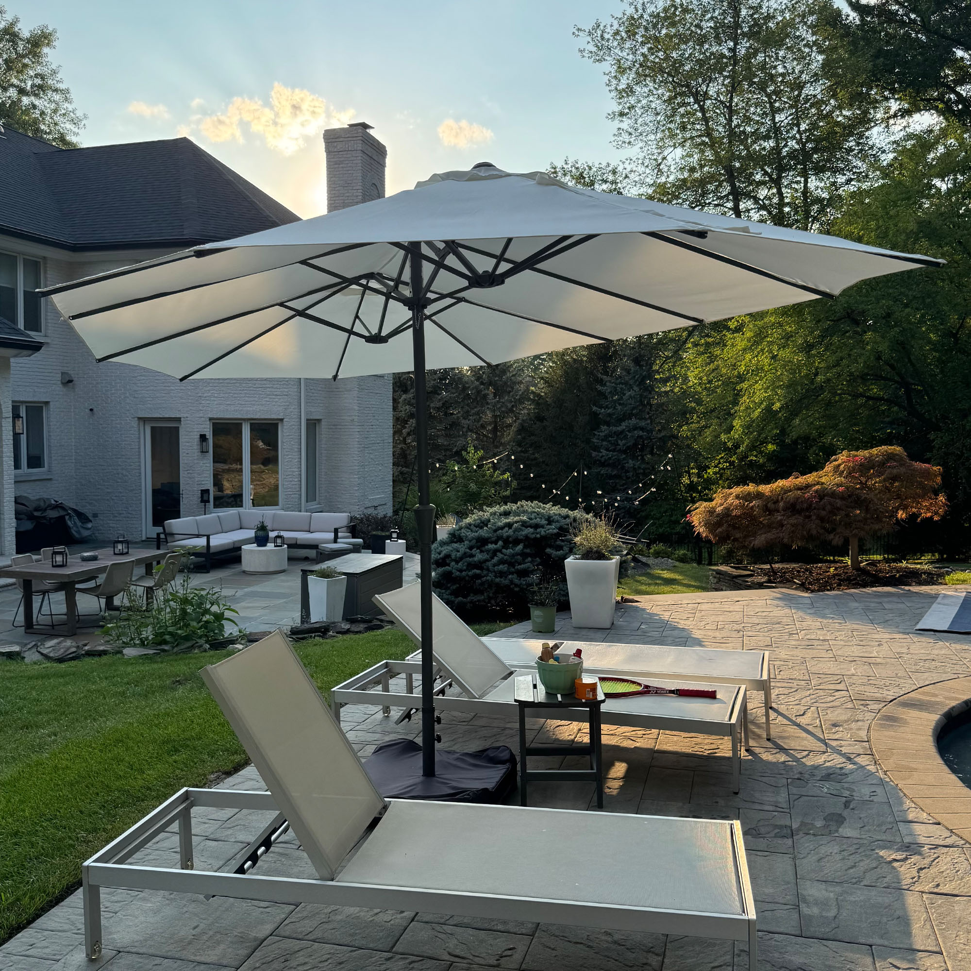 thumbnail video image 2 of PURPLE LEAF 15ft Patio Umbrella with Base Included Double-Sided Rectangle Outdoor Umbrella Table Market Umbrella with Crank for Backyard Pool Garden Deck, Cream, 2 of 10