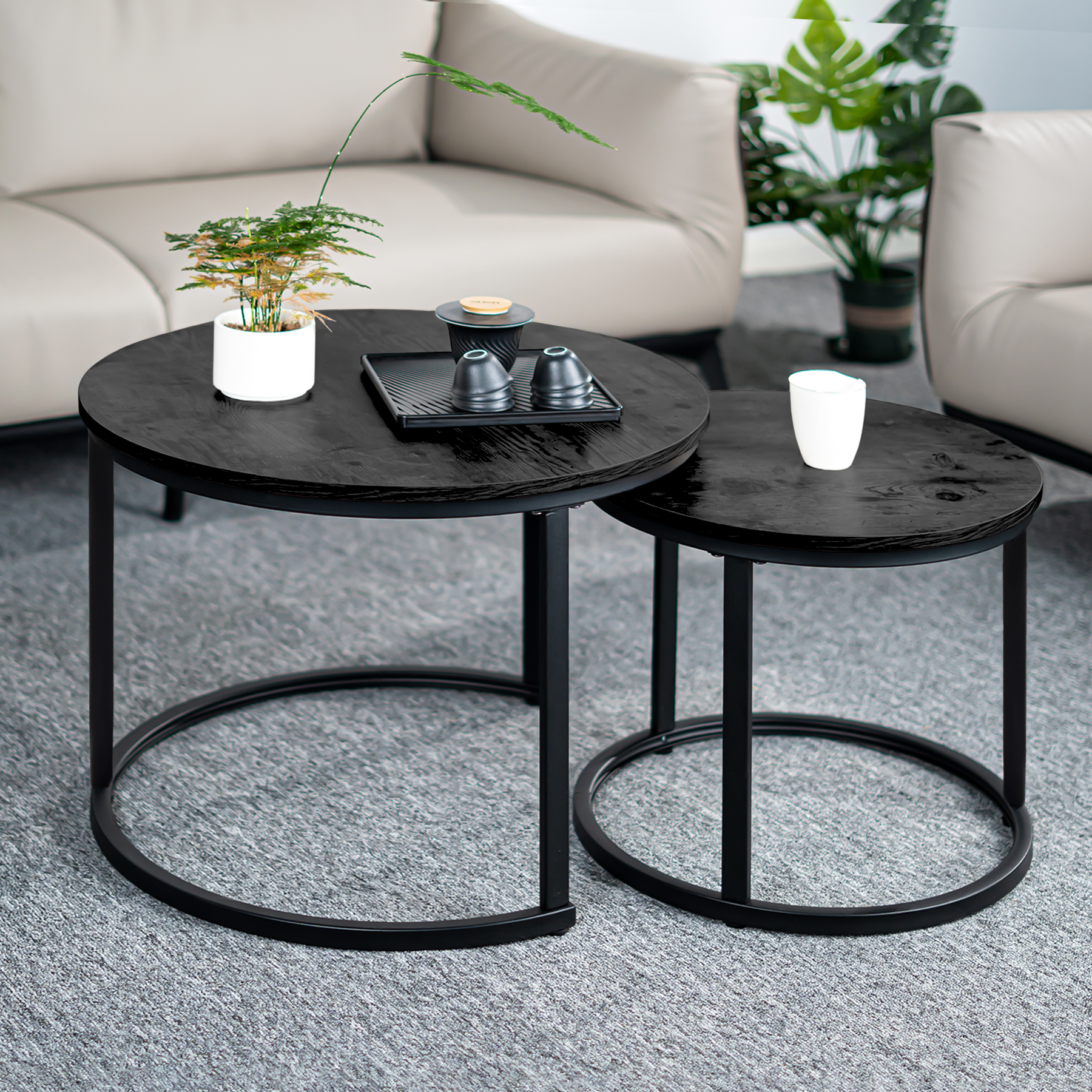 thumbnail video image 2 of Hawsaiy 2-in-1 Nesting Coffee Table Set,Vintage Round Tea Table with Adjustable Foot Pads,White, 2 of 10
