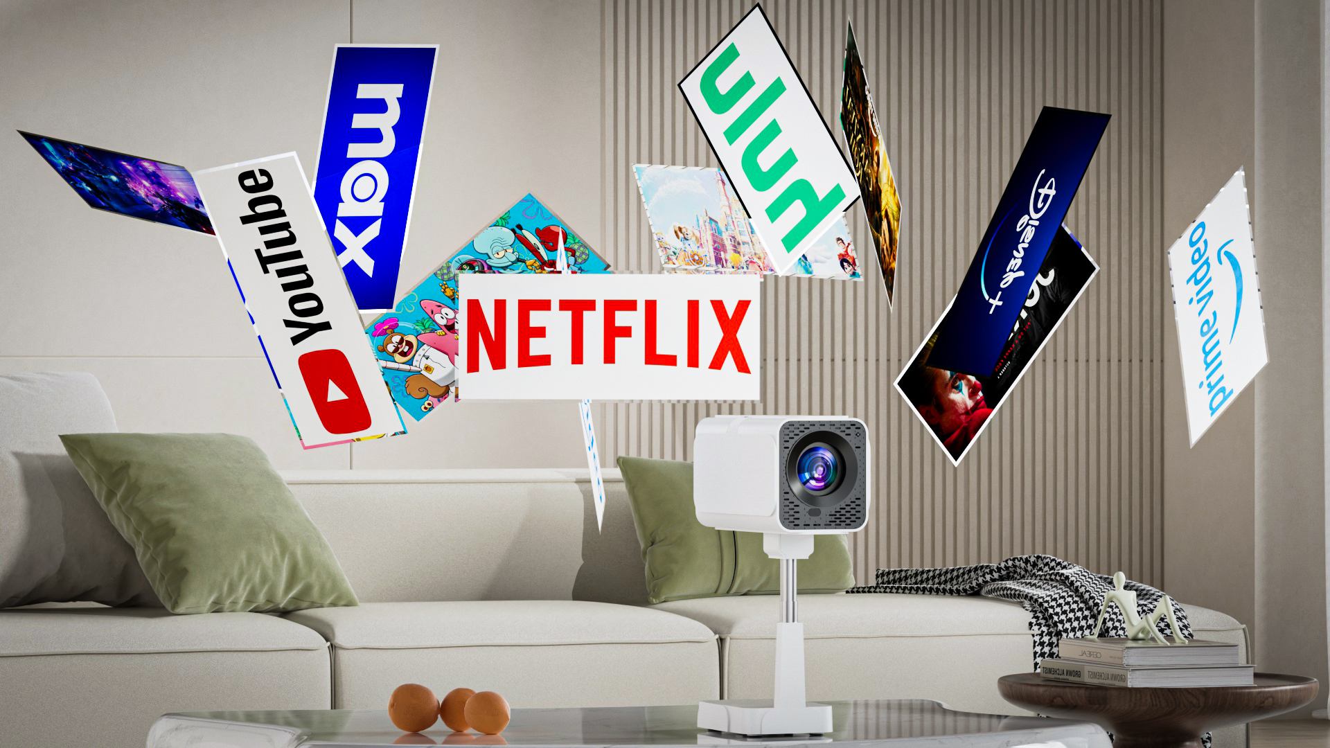 thumbnail video image 2 of [Built in Netflix app] Smart Projector with WiFi and Bluetooth, 4K 1080P Support, Electric Focus & Auto Keystone, Rotatable & Height-Adjustable Stand, Max 250" Screen, 2 of 11