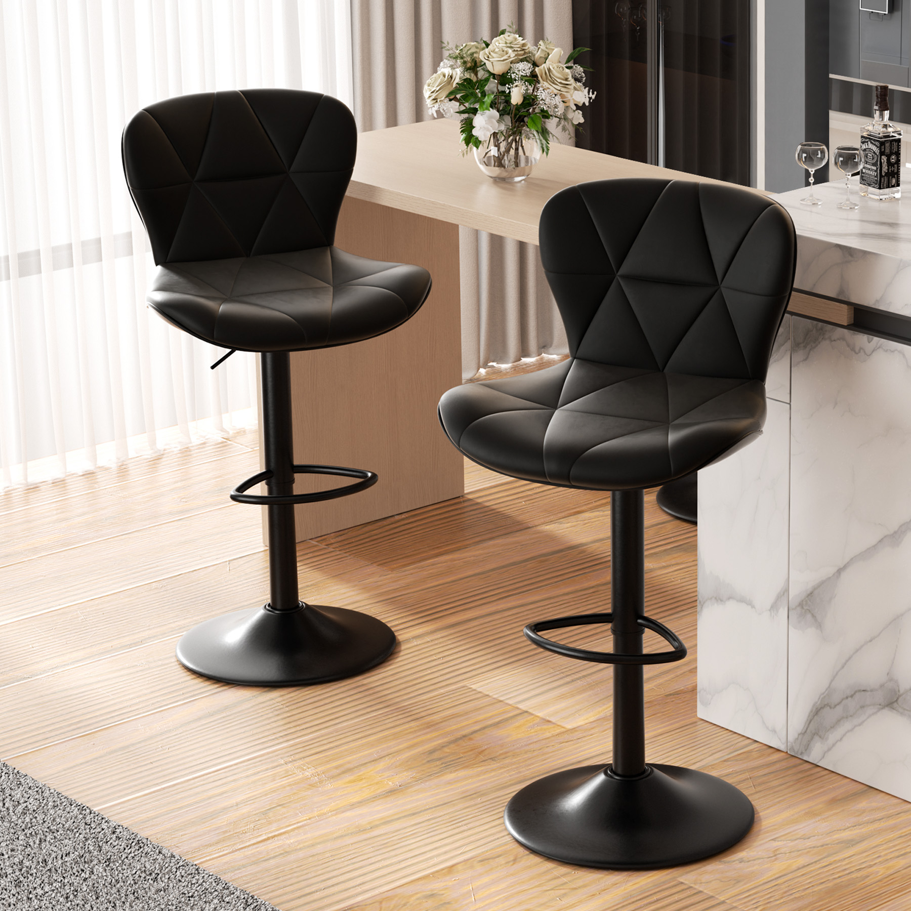 thumbnail video image 2 of Hawsaiy Modern Bar Stools Set of 3, Adjustable Faux Leather Upholstered Swivel Bar Stools, Counter Height Bar Chairs with Back for Kitchen Island, Khaki, 2 of 10