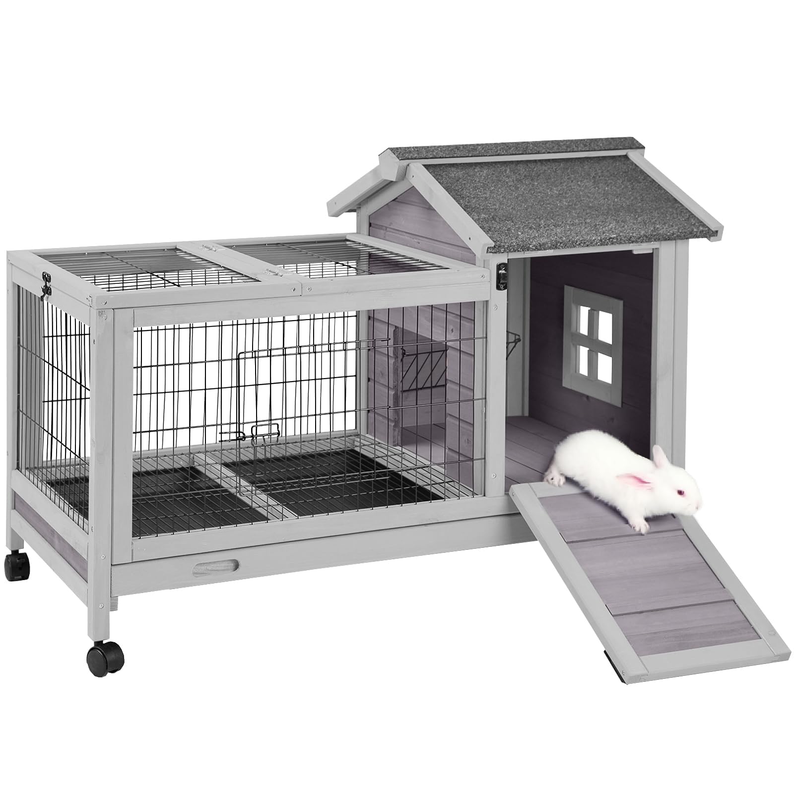 thumbnail video image 2 of Aivituvin Rabbit Hutch Indoor and Outdoor, Rabbit Cage with Removable Wire Netting and Leak Proof Tray, Mobile Bunny Cage with Wheels, 2 of 9