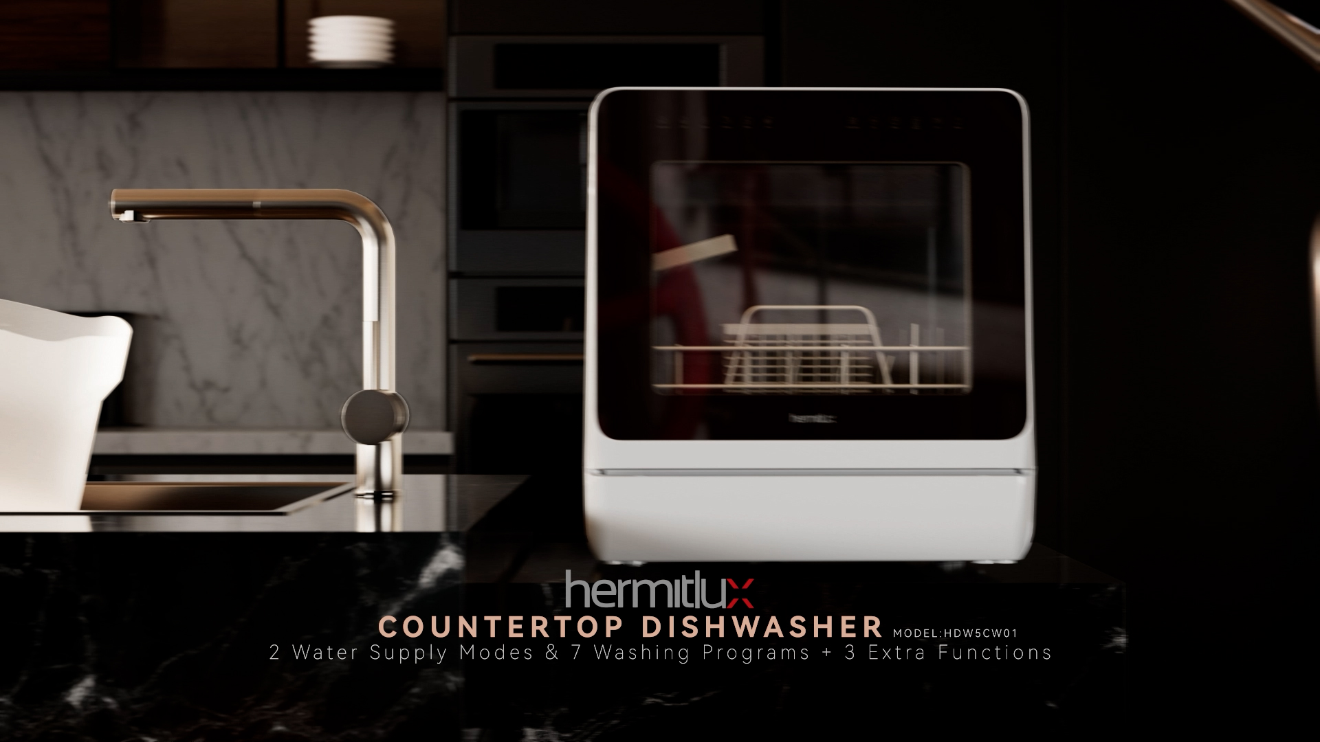thumbnail video image 2 of Hermitlux Countertop Dishwasher, 7 Washing Programs Portable Dishwasher with 5-Litre Built-in Water Tank for Apartments & RVs, Mini Dishwasher with LED Light & Glass Door, No Hookup Needed, 2 of 11