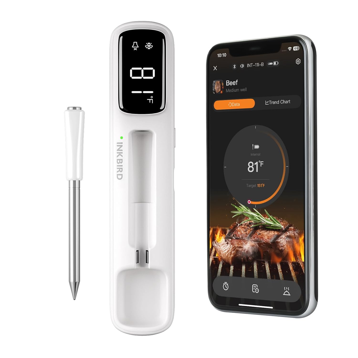 thumbnail video image 2 of INKBIRD  Mini  Wireless Meat Thermometer Ideal for Small Meals, Bluetooth 5.4,1000ft/305m Ultra Long Connection, White LED Display, for BBQ, Grill, and Smoker, 2 of 10
