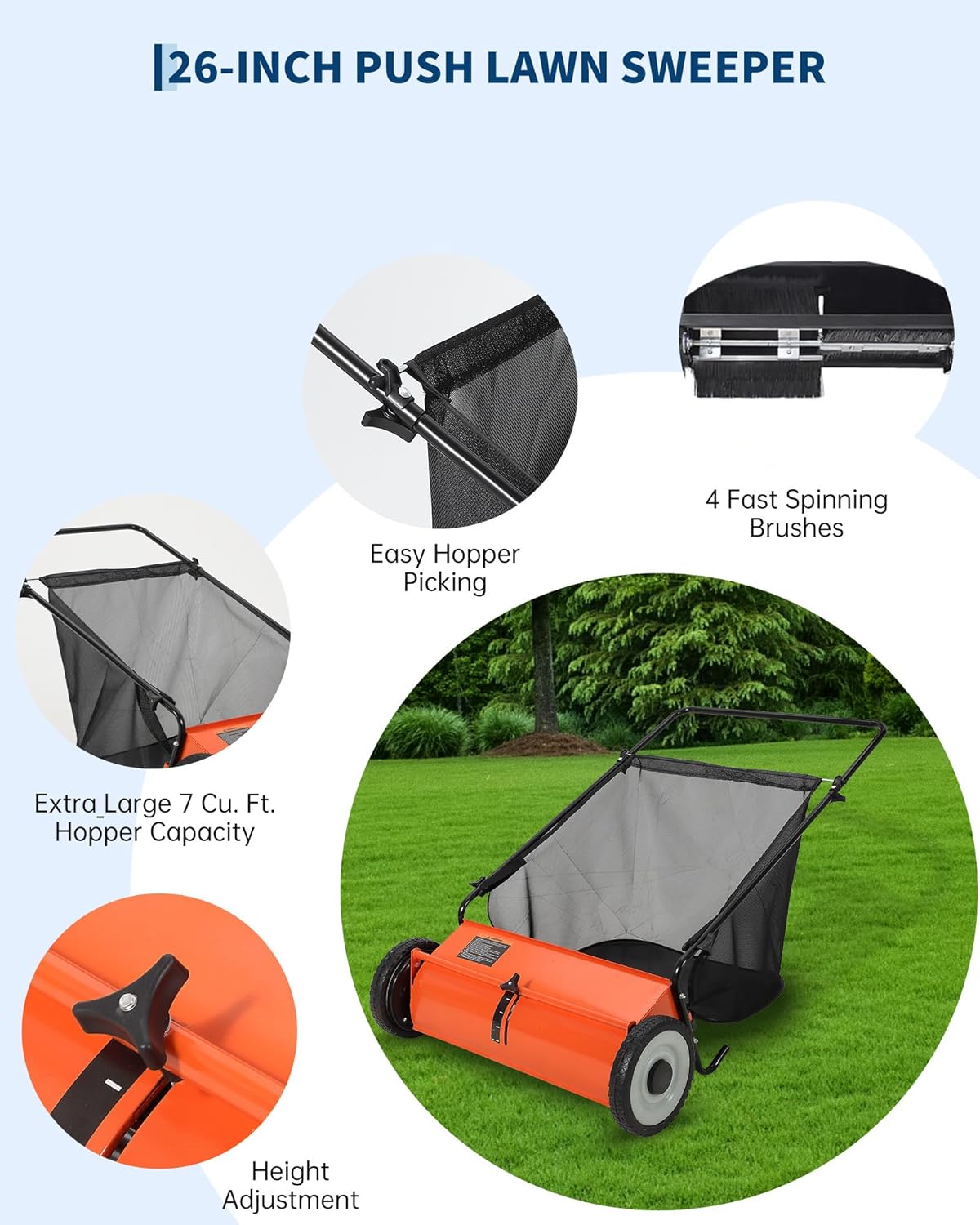 thumbnail video image 2 of DSstyles 26 Inch 7 Cu. Ft. Push Lawn Sweeper with 4 Fast-Spinning Brushes, Steel Frame, Adjustable Height, Rubber Wheels, 2 of 7