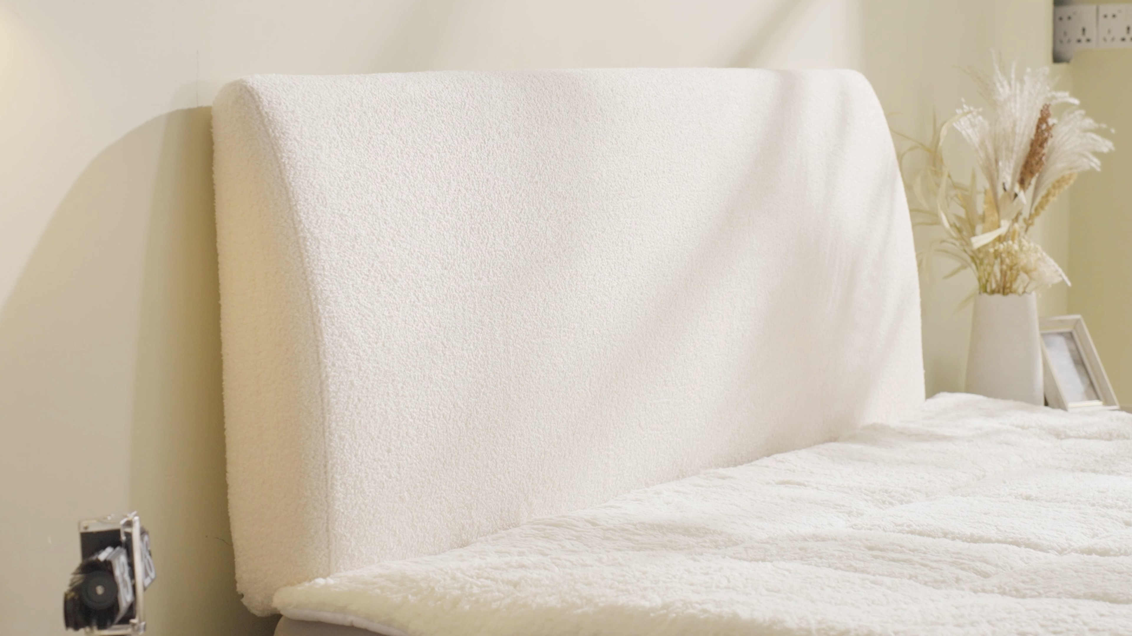 thumbnail video image 2 of Pinmoco Memory Foam Upholstered Headboard with Height Adjustable and Ergonomic Head Board for Full Bed, Teddy Velvet White, 2 of 10