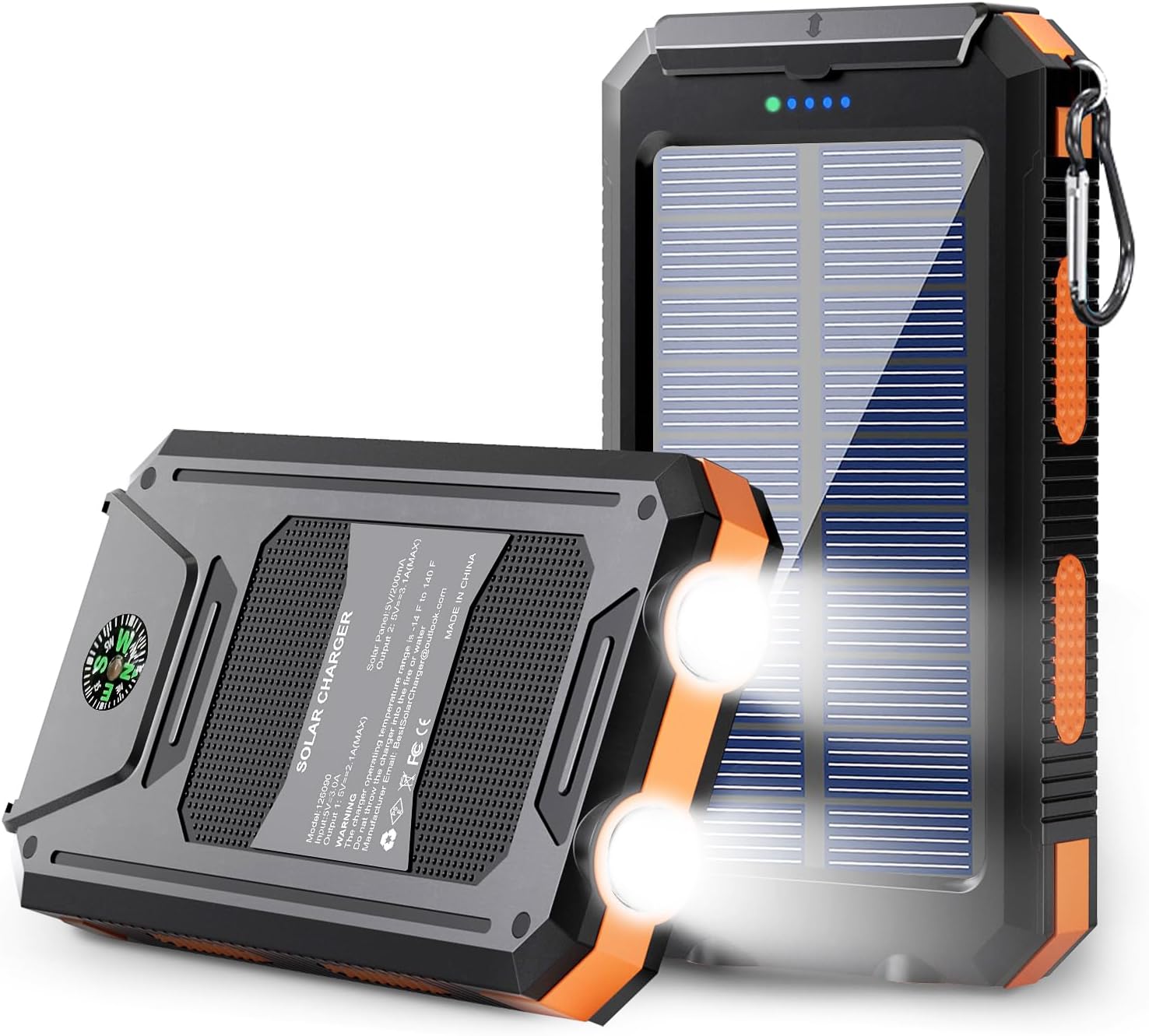 thumbnail video image 2 of RBSTOSTO 36800mAh Solar Battery Pack - Dual 5V USB Outputs, LED Flashlights & Compass, Portable Charger for Phones Camping (Orange)​, 2 of 9