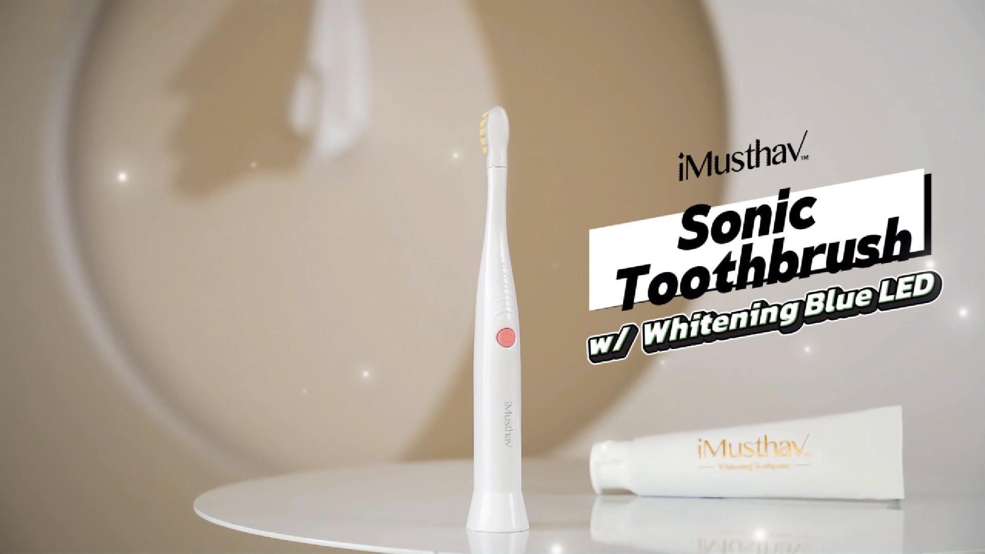 thumbnail video image 2 of iMusthav Travel Electric Toothbrush for Adults, Battery Operated Portable Toothbrush with Blue LED Light, 3 Sonic Modes, Smart Timer, 6 Brush Heads, Whitening Toothpaste, 2 of 9